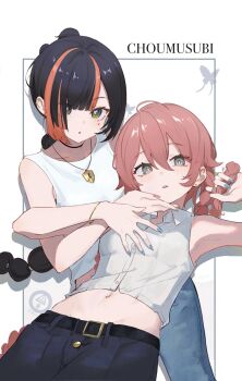 2girls absurdres amayui_moka belt black_belt black_choker black_hair black_pants blue_nails blue_pants blush brown_hair choker choya_hanabi collared_shirt commentary earrings eyeliner facial_mark green_eyes grey_eyes highres jewelry looking_at_viewer makeup multicolored_hair multiple_girls navel necklace open_mouth orange_hair pants red_eyeliner revision shirt simuyutou sleeveless streaked_hair tank_top teeth two-tone_hair virtual_youtuber vspo! white_shirt white_tank_top