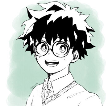 1boy boku_no_hero_academia collared_shirt commentary_request freckles glasses greyscale highres korean_commentary male_focus midoriya_izuku monochrome navyou38 open_mouth portrait shirt short_hair smile solo spot_color sweater teeth twitter_username v-neck wing_collar