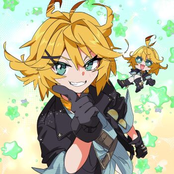 1girl ahoge ammunition_belt aqua_eyes aqua_shirt belt black_footwear black_gloves black_jacket blonde_hair blush boots bullet chibi chibi_inset clenched_teeth collared_jacket commentary cowboy_shot dokibird dokibird_(bounty_hunter) eyelashes fang glasses gloves gradient_background grin hair_ornament hairclip highres indie_virtual_youtuber jacket looking_at_viewer medium_hair neckerchief open_clothes open_jacket open_mouth orange_neckerchief pants pekkori-san shirt skin_fang smile sparkle spurs star_(symbol) striped_clothes sunglasses teeth tongue virtual_youtuber white_pants x_hair_ornament