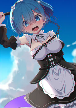 Rule 34 | 1girl, absurdres, blue eyes, blue hair, blush, breasts, chain, commentary request, day, detached sleeves, embarrassed, frills, hair ornament, highres, holding, holding weapon, looking at viewer, maid, maid headdress, makoto (bk69and7), medium breasts, open mouth, re:zero kara hajimeru isekai seikatsu, rem (re:zero), roswaal mansion maid uniform, short hair, sky, solo, weapon, x hair ornament
