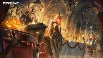 3girls absurdres bianca:_crepuscule_(pgr) bianca_(pgr) black_horns black_streaks black_veil blonde_hair bottle breasts candle candlestand chandelier closed_mouth clothing_cutout commentary copyright_name cup curtains drinking_glass english_commentary flower food grey_hair hair_intakes headgear highres holding holding_cup horizontal_pupils horns indoors jack-o&#039;-lantern jetavie:_daybreak_(pgr) jetavie_(pgr) large_breasts long_hair looking_at_viewer mechanical_arms mechanical_legs medium_breasts mismatched_pupils multiple_girls official_alternate_costume official_art parted_lips picture_frame plant pointy_ears potted_plant punishing:_gray_raven red_eyes red_hair rose sitting smile standing symbol-shaped_pupils table twintails underboob_cutout vase veil vera:_geiravor_(hollow_crown)_(pgr) vera_(pgr) very_long_hair white_flower white_rose wide_shot window wine_bottle wine_glass x-shaped_pupils