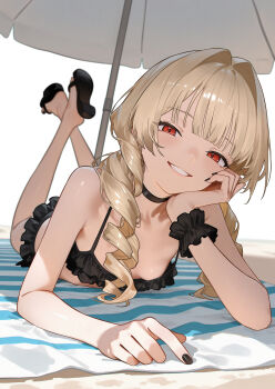 Rule 34 | 1girl, absurdres, beach towel, beach umbrella, bikini, black bikini, black choker, black nails, black sandals, blonde hair, breasts, choker, commentary request, commission, crossed ankles, drill hair, drill sidelocks, eco 376124, feet up, fingernails, frilled bikini, frills, full body, grin, highres, huge filesize, looking at viewer, lying, nail polish, on stomach, original, outdoors, parted lips, pixiv commission, red eyes, sandals, sidelocks, small breasts, smile, solo, swimsuit, the pose, towel, umbrella