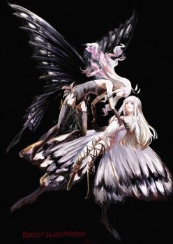 2girls airy_(bravely_default) anne_(bravely_second) black_background black_gloves blunt_bangs bravely_default:_flying_fairy bravely_default_(series) bravely_second:_end_layer commentary_request dated elbow_gloves fairy gloves grin highres holding_another's_wrist insect_wings long_hair looking_at_another multiple_girls o0j_yo pointy_ears siblings simple_background sisters smile watermark white_hair wings