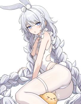 1girl :o absurdres animal_ear_hairband animal_ears arm_support ass azur_lane blue_eyes bow braid breasts commentary english_commentary fake_animal_ears fake_tail hair_bow hairband highres le_malin_(azur_lane) le_malin_(listless_lapin)_(azur_lane) leotard long_hair low_twin_braids manjuu_(azur_lane) nontraditional_playboy_bunny open_mouth pantyhose rabbit_ears rabbit_tail simple_background small_breasts solo star-shaped_pupils star_(symbol) suoniko symbol-shaped_pupils tail thigh_strap twin_braids very_long_hair white_background white_bow white_leotard white_pantyhose