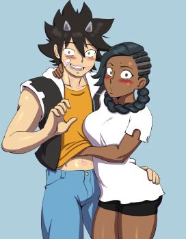 absurdres black_hair blush braid caught couple dark-skinned_female dark_skin drooling hand_under_clothes highres horns interracial interrupted kiss ocoho_(radiant) radiant seth_(radiant) spandex spiked_hair