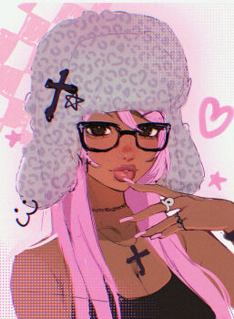 1girl aegyo_sal animal_print black-framed_eyewear breasts brown_eyes checkered_background choker chromatic_aberration cleavage commentary cross cross_hair_ornament cross_necklace dark-skinned_female dark_skin double-parted_bangs drawn_heart drawn_star emoticon english_commentary eyelashes face_piercing finger_to_mouth fingernails freckles fur_hat grey_hat hair_ornament hair_over_breasts halftone hat hat_ornament heart highres jewelry kaomoji leopard_print light_blush lip_piercing long_fingernails long_hair looking_at_viewer medium_breasts mouth_piercing multiple_rings necklace noisykoala nose_piercing original parted_lips piercing pink_background pink_hair pink_nails portrait ring sketch skull_ring star_(symbol) star_hat_ornament teeth two-tone_background ushanka white_background