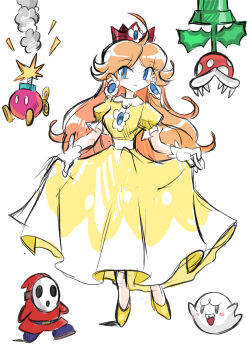 1girl absurdres blue_eyes bob-omb boo_(mario) brown_hair crown dress earrings flower_earrings ghost gloves highres jewelry long_hair mario_(series) nintendo piranha_plant princess_daisy rakugaki_shitagari-ya shoes shy_guy simple_background smile white_background white_gloves yellow_dress yellow_shoes