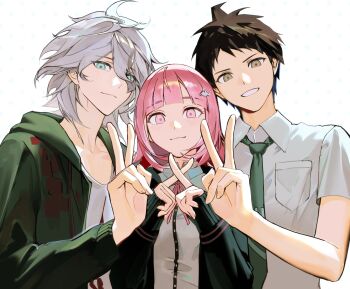 Rule 34 | 1girl, 2boys, ahoge, breast pocket, brown hair, commentary request, danganronpa (series), danganronpa 2: goodbye despair, green eyes, green jacket, hair ornament, hairpin, highres, hinata hajime, hood, hood down, hoodie, jacket, komaeda nagito, korean commentary, long sleeves, looking at viewer, messy hair, multiple boys, nanami chiaki, necktie, nxxyxtx, pink eyes, pink hair, pocket, ribbon, shirt, short hair, short sleeves, smile, t-shirt, v, white background, white hair, white shirt