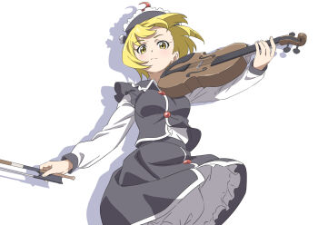 1girl black_hat black_skirt black_vest blonde_hair commentary_request expressionless gyouza_(mhea5724) hat highres holding holding_instrument holding_violin instrument long_sleeves looking_at_viewer lunasa_prismriver puffy_long_sleeves puffy_sleeves shirt simple_background skirt smile solo touhou vest violin white_background white_shirt yellow_eyes