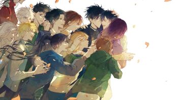 Rule 34 | 6+boys, 6+girls, :d, absolutely everyone, annotated, black coat, black eyes, black hair, black shirt, blonde hair, breathing742105, brown eyes, brown hair, clenched hand, closed eyes, coat, everyone, falling petals, green hoodie, grin, group hug, hair bun, hair flowing over, han sooyoung, hand on another's head, hand on another's shoulder, highres, hood, hood down, hoodie, hug, jang hayoung, jung heewon, kim dokja, kim namwoon, kyrgios rodgraim, lee gilyoung, lee hyunsung, lee jihye, lee seolhwa, mini person, miniboy, multiple boys, multiple expressions, multiple girls, namgung minyoung, omniscient reader's viewpoint, open mouth, out of frame, petals, ponytail, purple hair, purple hoodie, shin yoosung, shirt, short hair, size difference, smile, white coat, white hair, yoo joonghyuk, yoo sangah