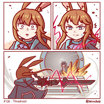 Rule 34 | 2girls, amiya (arknights), amiya (guard) (arknights), animal ears, arknights, arknights: endfield, ascot, black coat, black mask, blindfold mask, blue collar, blue eyes, brown hair, coat, collar, crystal, endfield uniform, endministrator (arknights), female endministrator (arknights), frilled ascot, frills, grey sweater, highres, holding, holding sword, holding weapon, hood, hooded jacket, jacket, mask, multiple girls, open clothes, open coat, portal (object), purple ascot, rabbit ears, rabbit girl, red pupils, single vambrace, stargate (series), sweater, sword, vambraces, weapon, white sweater, wittle red