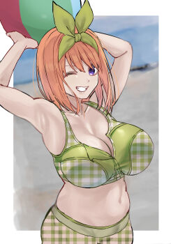 1girl ;d absurdres armpits arms_up ball beach beachball bikini border breasts cleavage commentary_request go-toubun_no_hanayome green_bikini green_ribbon grin hair_ribbon highres holding holding_ball holding_beachball large_breasts looking_at_viewer marimo_625 nakano_yotsuba navel one_eye_closed open_mouth orange_hair outside_border photo_background plaid_bikini plaid_clothes purple_eyes ribbon short_hair smile solo swimsuit unmoving_pattern upper_body white_border