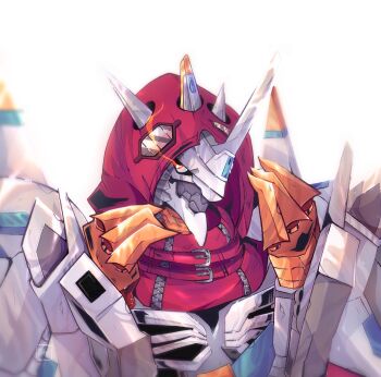 Rule 34 | absurdres, bassomega, commentary, digimon, digimon (creature), dragon, english commentary, eye trail, highres, hood, hood up, horns, jesmon, light trail, red hood, shoulder spikes, simple background, solo, spikes, upper body, white background, yellow eyes