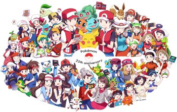 6+boys 6+girls akari_(pokemon) amaimi anniversary beanie black_hair blue_eyes braid brendan_(pokemon) brown_eyes brown_hair bulbasaur calem_(pokemon) charmander chase_(pokemon) chespin chikorita chimchar closed_eyes cyndaquil dawn_(pokemon) eevee egg elaine_(pokemon) elio_(pokemon) ethan_(pokemon) everyone eyewear_on_headwear fennekin fingerless_gloves food froakie game_boy game_boy_(original) game_boy_advance game_boy_advance_(original) game_boy_advance_sp game_boy_color gen_1_pokemon gen_2_pokemon gen_3_pokemon gen_4_pokemon gen_5_pokemon gen_6_pokemon gen_7_pokemon gen_8_pokemon gloria_(pokemon) gloves green_hair grookey hair_bun hairband handheld_game_console hat hilbert_(pokemon) hilda_(pokemon) holding holding_food holding_poke_ball holding_spoon japanese_clothes kris_(pokemon) leaf_(pokemon) litten lucas_(pokemon) lyra_(pokemon) may_(pokemon) mudkip multiple_boys multiple_girls nate_(pokemon) nintendo nintendo_ds nintendo_ds_lite nintendo_dsi nintendo_switch one_eye_closed open_mouth oshawott pikachu piplup poke_ball poke_ball_(basic) pokedex pokemon pokemon_(creature) pokemon_bw pokemon_bw2 pokemon_day pokemon_dppt pokemon_egg pokemon_emerald pokemon_frlg pokemon_gsc pokemon_hgss pokemon_legends:_arceus pokemon_lgpe pokemon_oras pokemon_platinum pokemon_rgby pokemon_rse pokemon_sm pokemon_swsh pokemon_usum pokemon_xy popplio red_(pokemon) rei_(pokemon) rosa_(pokemon) rowlet scarf scorbunny selene_(pokemon) serena_(pokemon) skirt smile snivy sobble speech_bubble spoon squirtle sunglasses tam_o&#039;_shanter tepig tongue tongue_out torchic totodile treecko turtwig twin_braids victor_(pokemon) wristband
