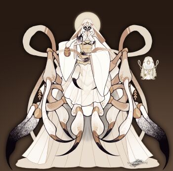 Rule 34 | 1girl, absurdres, arthropod girl, arthropod limbs, black eyes, commentary, cookie run, cookie run: kingdom, dress, english commentary, extra arms, extra eyes, highres, long sleeves, looking at viewer, mudra, mystic flour cookie, promflop, solo, veil, vitarka mudra, white dress, white veil, wide sleeves