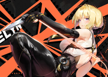 1girl absurdres arm_strap asymmetrical_gloves back_cutout backless_outfit bare_shoulders black_bow black_gloves black_pants blonde_hair bow breasts clothing_cutout collared_shirt elbow_gloves evelyn_chevalier female_focus gloves hair_bun hair_intakes half_gloves harness highres holding holding_knife holding_weapon knee_up knife large_breasts leather leather_gloves leather_pants looking_at_viewer mr1thonk necktie original pants partially_fingerless_gloves purple_eyes ribbon shiny_clothes shirt short_hair sidelocks single_elbow_glove single_hair_bun sleeveless sleeveless_shirt solo string tight_clothes tight_pants uneven_gloves weapon white_shirt zenless_zone_zero