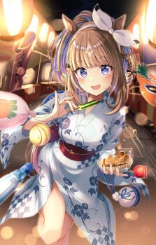 1girl almond_eye_(umamusume) alternate_costume blue_eyes blue_hair blurry blush bokeh bow bow_hairband braid breasts brown_hair candy_apple colored_inner_hair commentary_request cross-shaped_pupils cucumber depth_of_field floral_print floral_print_kimono food hairband highres holding holding_food horse_girl japanese_clothes kimono lantern long_hair looking_at_viewer medium_breasts multicolored_hair murasaki_himuro obi open_mouth print_kimono sash single_braid smile solo summer_festival symbol-shaped_pupils takoyaki thighs umamusume white_bow white_hair white_kimono wide_sleeves yukata