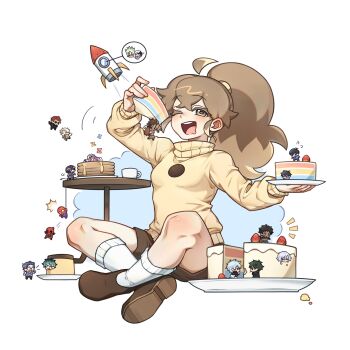 1girl :d ahoge artist_self-insert breasts brown_eyes brown_footwear brown_hair brown_shorts cake cake_slice character_request colored_eyelashes commentary_request copyright_request cup deadpool deadpool_(series) drooling fingernails flying_sweatdrops food fruit full_body high_ponytail highres holding holding_cake holding_food holding_plate indian_style kneehighs knees_apart_feet_together long_sleeves looking_at_viewer marvel mouth_drool one_eye_closed open_mouth original pancake pancake_stack plate ponytail puffy_long_sleeves puffy_sleeves round_teeth rs_rouqiu shorts simple_background sitting small_breasts smile socks solo spider-man spider-man_(series) strawberry sweater table teeth tongue tongue_out turtleneck turtleneck_sweater upper_teeth_only white_background white_socks yellow_sweater zzz