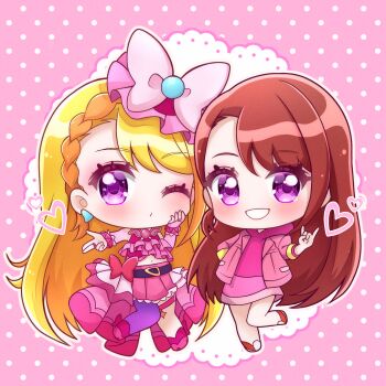 Rule 34 | ;o, \m/, belt, black belt, blonde hair, blowing kiss, boots, bow, braid, braided bangs, bridal gauntlets, brooch, butterfly hat ornament, chibi, chibi only, commentary, cropped shirt, cure butterfly, doily, earrings, elbow gloves, frilled shirt, frills, gloves, grin, hand on own face, hand on own hip, hat, hat ornament, heart, highres, hijiri ageha, hirogaru sky! precure, jewelry, leg up, long hair, looking at viewer, magical girl, midriff, mob cap, multicolored hair, navel, one eye closed, orange hair, pantyhose, pink background, pink boots, pink gloves, pink hat, pink shirt, pink skirt, pleated skirt, polka dot, polka dot background, precure, purple eyes, purple pantyhose, red bow, shirt, showgirl skirt, side-by-side, single leg pantyhose, skirt, skirt bow, sleeveless, sleeveless shirt, smile, standing, standing on one leg, thigh strap, tilted headwear, two-tone hair, umiyuki (umi chu), very long hair, wing brooch