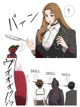 1girl 1other 3boys black_coat black_hair blush brown_hair chest_harness clock coat commentary dante_(limbus_company) fire flying_button harness headshot heathcliff_(project_moon) heiya_desu high_ponytail highres hong_lu_(project_moon) limbus_company long_hair long_sleeves multiple_boys object_head ponytail popped_button project_moon rodion_(project_moon) shirt speech_bubble translated very_long_hair white_background white_shirt yi_sang_(project_moon)