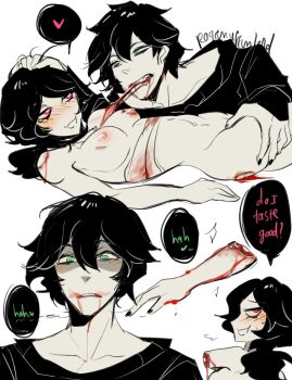 1boy 1girl amputee andrew_graves artist_name ashley_graves bandages bite_mark biting black_hair black_hoodie black_sweater blood blood_on_face blood_stain breasts brother_and_sister cannibalism commentary cursive blood_drip eating english_commentary english_text flesh green_eyes guro heart hetero highres hood hoodie incest kaizen_(hajezkalz) legs nipples nude pink_eyes severed_arm severed_limb siblings speech_bubble sweater the_coffin_of_andy_and_leyley thigh_grab thighs white_background