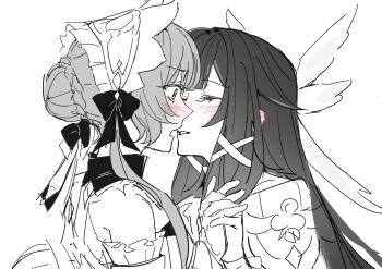 Rule 34 | 2girls, bare shoulders, blush, bonnet, closed eyes, columbina (genshin impact), dress, ear blush, genshin impact, greyscale, highres, holding hands, imminent kiss, interlocked fingers, mii (mii 10297), monochrome, multiple girls, parted lips, sandrone (genshin impact), spot color, yuri