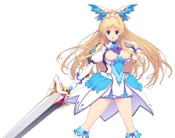 1girl :o blonde_hair blue_eyes boots breasts cleavage cleavage_cutout clothing_cutout dress erika_la_etienne game_cg gloves hair_ornament holding holding_weapon kourin_tenshi_en_ciel_rena large_breasts large_variant_set long_hair looking_at_viewer magical_girl non-web_source official_art open_mouth puffy_sleeves saitou_natsuki skirt solo suhamaya sword transparent_background variant_set weapon white_gloves