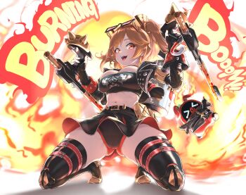 Rule 34 | 1girl, belt, black belt, black gloves, black jacket, black skirt, black thighhighs, black tube top, blonde hair, blush, breasts, burnice white, commentary request, crop top, cropped jacket, eyewear on head, fingerless gloves, fire, flamethrower, full body, gloves, highres, holding, holding flamethrower, holding weapon, jacket, kneeling, large breasts, long hair, long sleeves, looking at viewer, miniskirt, navel, open clothes, open jacket, open mouth, panties, red-tinted eyewear, red eyes, shorts, skirt, smile, solo, spiked belt, spiked jacket, stomach, strapless, sunglasses, syam illust, teeth, thigh belt, thigh strap, thighhighs, thighs, tinted eyewear, tiptoes, tube top, twintails, underwear, upper teeth only, weapon, zenless zone zero