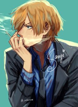 Rule 34 | 1boy, aqua background, black necktie, black suit, blonde hair, blue shirt, character name, cigarette, curly eyebrows, facial hair, formal clothes, goatee, highres, holding, holding cigarette, looking to the side, male focus, mih0, necktie, one piece, sanji (one piece), shirt, short hair, smoke, solo, suit, twitter username