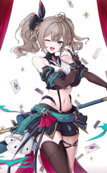1girl absurdres aqua_belt belt black_ribbon black_shorts black_thighhighs blush breasts bridal_gauntlets brown_gloves card curtains cynical_sneer_(elsword) detached_sleeves elbow_gloves elsword gloves green_eyes grey_hair hair_ribbon highres holding holding_card large_breasts lithia_beryl_(elsword) long_hair looking_at_viewer midriff n.e.k.o n.e.k.o_(the_four_seasons_of_farewells) navel one_eye_closed open_mouth ribbon short_shorts shorts simple_background single_thighhigh smile solo stomach tanjel teeth thighhighs twintails upper_teeth_only ushio white_background yoichi_yukimura