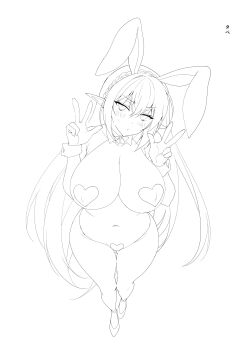 absurdres animal_ears blush braid breasts cleavage crown_braid detached_collar double_v elf heart_maebari heart_pasties high_heels highres large_breasts long_hair maebari monochrome navel ninoko pasties perspective playboy_bunny pointy_ears rabbit_ears reverse_bunnysuit reverse_outfit sketch sylpha_(ninoko) v white_background wrist_cuffs