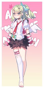 1girl absurdres backpack bag black_skirt border chinatsu_remiel commentary earrings full_body green_hair half_updo heart highres jewelry long_hair musical_note_earrings nail_polish necktie open_mouth pink_arm_warmers pink_nails pyruvate red_necktie ring shirt short_sleeves single_thighhigh skirt solo thigh_strap thighhighs toenail_polish toenails torn_clothes torn_thighhighs white_border white_shirt white_thighhighs wings yellow_eyes zenless_zone_zero