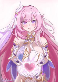 1girl absurdres artist_name bare_shoulders breasts chinese_commentary cleavage commentary_request corset diamond-shaped_pupils diamond_(shape) elysia_(herrscher_of_human:_ego)_(honkai_impact) elysia_(honkai_impact) gloves heart highres honkai_(series) honkai_impact_3rd large_breasts long_hair looking_at_viewer multicolored_hair pink_hair purple_eyes simple_background smile solo symbol-shaped_pupils triquetra two-tone_hair veil very_long_hair white_background white_corset white_gloves white_hair white_veil windstreak