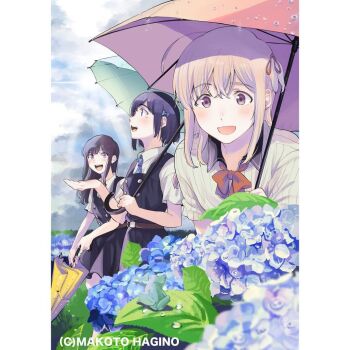 Rule 34 | 3boys, amano konatsu, black dress, black hair, blonde hair, blue eyes, blue hair, blue necktie, dress, flower, frog, green umbrella, hagino makoto, hair ribbon, hand up, hirose kaede, holding, holding umbrella, honami koyuki, hydrangea, long hair, missing commentary, mole, mole under eye, multiple boys, necktie, nettaigyo wa yuki ni kogareru, official art, open mouth, outdoors, pillarboxed, pinafore dress, pink hair, purple eyes, red ribbon, ribbon, school uniform, shirt, short hair, short sleeves, sleeveless, sleeveless dress, umbrella, white shirt