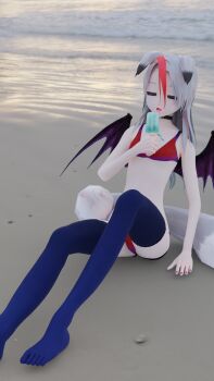 3d animal_ears beach closed_eyes feet food fox_ears fox_girl fox_tail highres open_mouth original popsicle sand self-upload sigmathefox swimsuit tail tongue tongue_out