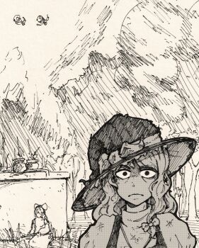 Rule 34 | 2girls, black vest, bow, braid, commentary, english commentary, fine art parody, hair bow, hakurei reimu, hat, hayoibu, highres, kirisame marisa, monochrome, multiple girls, parody, ptsd, shirt, single braid, the two-thousand yard stare, touhou, vest, white shirt, witch hat