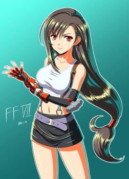 1girl adjusting_clothes adjusting_gloves aqua_background bare_shoulders belt black_gloves black_hair black_skirt breasts closed_mouth collarbone commentary_request copyright_name cowboy_shot crop_top dated earrings elbow_gloves elbow_pads final_fantasy final_fantasy_vii fingerless_gloves gloves grey_belt hair_between_eyes hair_tie jewelry long_hair looking_at_viewer low-tied_long_hair materia medium_breasts midriff miniskirt navel noukarakita red_eyes red_gloves shirt single_elbow_pad skirt sleeveless sleeveless_shirt smile solo suspenders tifa_lockhart white_shirt