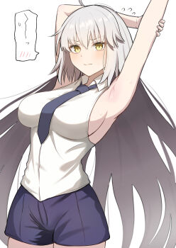 Rule 34 | 1girl, absurdres, armpits, arms up, backless shirt, bare shoulders, blue shorts, blush, breasts, collared shirt, cosplay, fate/apocrypha, fate/grand order, fate (series), grey hair, highres, jeanne d'arc (fate), jeanne d'arc (fate) (cosplay), jeanne d'arc (girl from orleans) (fate), jeanne d'arc alter (fate), large breasts, long hair, looking at viewer, necktie, shirt, shorts, sleeveless, sleeveless shirt, solo, very long hair, white shirt, yellow eyes, yuzu sanma