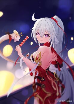 1girl absurdres ahoge back backless_dress backless_outfit blue_eyes breasts brochette chinese_commentary commentary_request dress food highres holding holding_food honkai_(series) honkai_impact_3rd kiana_kaslana kiana_kaslana_(ba-dum!_fiery_wishing_star) lantern long_hair looking_at_viewer medium_breasts miyoushe_watermark night night_sky outdoors paper_lantern ponytail red_dress rice_cake_(honkai_impact) sky sky_lantern smile snake star-shaped_pupils star_(symbol) symbol-shaped_pupils very_long_hair watermark white_hair xjw2006