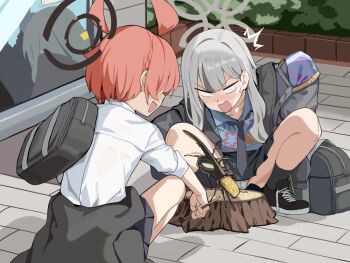 2girls ahoge armband bag beetle black_halo black_shoes black_skirt blank_eyes blue_archive blue_shirt bug clothes_around_waist commentary_request grey_hair grey_halo grey_jacket halo hawaiian_shirt hoshiya_takahito huge_ahoge insect jacket jacket_around_waist konoka_(blue_archive) long_hair long_sleeves multiple_girls neru_(blue_archive) neru_(school_uniform)_(blue_archive) official_alternate_costume open_clothes open_jacket open_mouth orange_hair outdoors panties pantyshot pleated_skirt purple_armband reflection school_bag school_uniform shirt shoes short_hair skirt smile sneakers squatting tree_stump underwear untied_shoelaces white_panties white_shirt