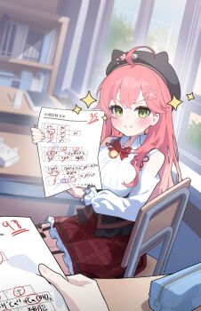 1girl absurdres academic_test ahoge animal_hat bell beret black_hat blush book bookshelf breasts cat_hat chair classroom closed_mouth clothing_cutout collared_shirt commentary_request crossed_bangs desk future_cake garter_straps green_eyes hair_ornament hat highres holding holding_paper hololive indoors jingle_bell large_breasts long_hair long_sleeves looking_at_viewer neck_bell official_alternate_costume paper pencil_case pink_hair plaid_clothes plaid_skirt pov pov_hands red_skirt sakura_miko sakura_miko_(casual) school_chair school_desk shirt shoulder_cutout sitting skirt smile solo_focus split_mouth test_score translation_request v-shaped_eyebrows virtual_youtuber white_shirt window
