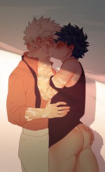 Rule 34 | absurdres, ass, ass freckles, bakudeku, bakugou katsuki, bare legs, blonde hair, blush, body freckles, boku no hero academia, freckles, green hair, highres, kiss, kyosein, legs, messy hair, midoriya izuku, no male underwear, scar, shirt, shirt only, spiked hair, yaoi