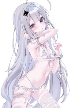 1girl absurdres ahoge arm_belt armpits bandaid bandaid_on_arm bikini bracelet breasts chedisu cowboy_shot female_tyrant_(stella_sora) grey_eyes grey_hair hair_between_eyes hair_ornament hairband head_tilt highres jewelry kneeling loli long_hair looking_at_viewer micro_bikini navel necktie parted_lips pointy_ears presenting_armpit sidelocks simple_background small_breasts solo stella_sora stomach swimsuit tyrant_(stella_sora) white_bikini white_necktie