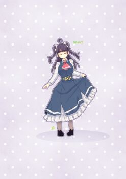 Rule 34 | 1girl, absurdres, ahoge, black shoes, blue dress, blunt bangs, breasts, chofu noriko, collared shirt, commentary request, dress, frilled dress, frills, full body, grey background, highres, ikizulive! love live! bluebird, large breasts, loafers, long hair, long sleeves, love high school uniform, love live!, pinafore dress, polka dot, polka dot background, purple hair, school uniform, shirt, shoes, sidelocks, skirt hold, sleeveless, sleeveless dress, solo, two side up, white shirt, yuusei honpo