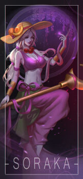 1girl absurdres beads bikini bracer breasts character_name cleavage fruit_hat hat highres jingwen_lin large_breasts league_of_legends midriff order_of_the_banana_soraka pale_skin ponytail prayer_beads purple_eyes ribbon silver_skin soraka_(league_of_legends) staff swimsuit tagme white_hair