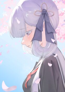 1girl absurdres alternate_costume black_shirt bow breasts closed_mouth colored_eyelashes crying crying_with_eyes_open from_side grey_eyes hair_bow hair_rings highres jinhsi_(wuthering_waves) looking_down medium_breasts myumyu431 neckerchief pink_petals profile purple_bow red_neckerchief sailor_collar shirt solo tears upper_body white_eyelashes white_hair white_sailor_collar wuthering_waves