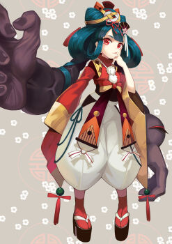 1girl child extra_arms female_focus flower full_body fur_trim futakuchi-onna futakuchi-onna_(onmyoji) green_hair grey_background hair_flower hair_ornament highres japanese_clothes long_hair onmyoji platform_clogs red_eyes sandals simple_background solo twintails xuan_chu