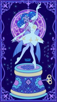 1girl android artist_name ballerina bare_shoulders blue_hair breasts cleavage colored_skin double_bun dress gloves grey_skin hair_bun hair_intakes highres knights_of_guinevere long_hair looking_at_viewer princess_guinevere rottentherat solo white_dress winding_key