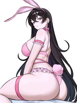 1girl absurdres animal_ears arm_strap ass black_hair bra breasts choker commentary commission crossed_bangs ear_chain ear_piercing earrings english_commentary fake_animal_ears fake_tail frilled_arm_strap frilled_choker frilled_panties frills from_side glint hair_between_eyes highres jewelry large_breasts linked_piercing long_hair looking_at_viewer mole mole_under_eye original panties parted_lips piercing pink_bra pink_choker pink_eyes pink_panties rabbit_ears rabbit_tail simple_background sitting solo star_(symbol) star_earrings tail thigh_strap thong turning_head underwear underwear_only very_long_hair white_background zeon_(zzeeonn)