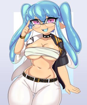 1girl absurdres bandages blue_background blue_border blue_hair blue_tongue border borrowed_character breasts colored_tongue cowboy_shot domino_mask eye_mask glasses heart heart-shaped_pupils highres inkling_girl inkling_player_character jacket large_breasts long_hair looking_at_viewer mask navel nintendo open_mouth pants pink_eyes pointy_ears shnibbles short_sleeves simple_background smile solo splatoon_(series) standing symbol-shaped_pupils tentacle_hair twintails white_pants
